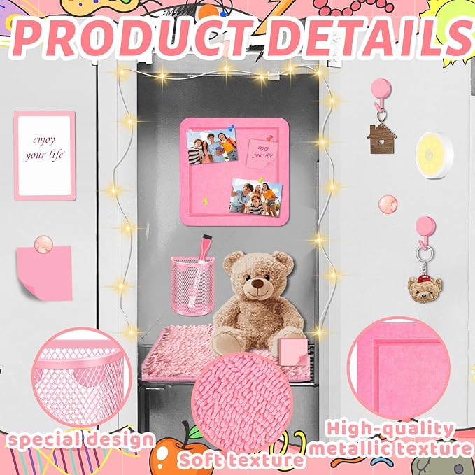 Demonwer Pink Locker Accessories Kit Magnetic Whiteboard Pen Holder Sticky Note Small Carpet Hook for Back to School Essentials Locker Decorations