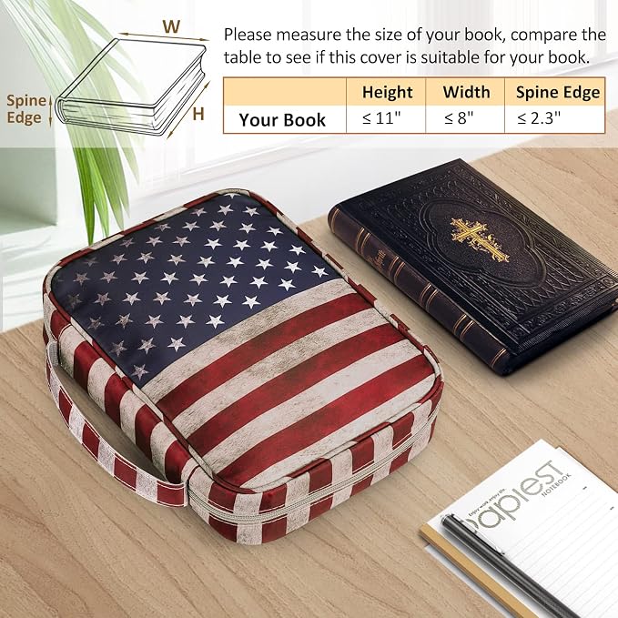 FINPAC Bible Cover, Carrying Book Case Church Bag Bible Protective with Handle and Zippered Pocket, Gift for Mother Lady Women Men, US Flag