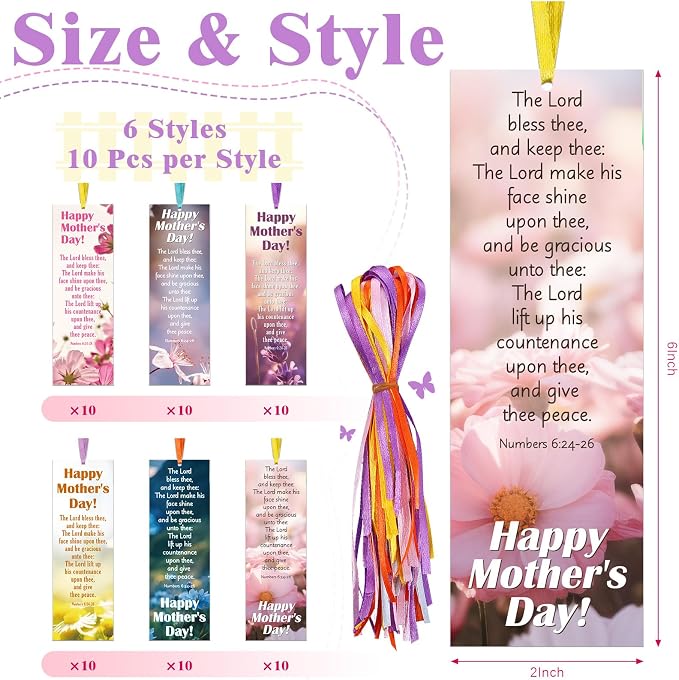 Dispowreath 60 Pcs Religious Mother's Day Bookmark Numbers 6: 24-26 Church Mother Bookmarks Christian Exchange Gifts for Kids Adult Church School Classroom Prizes Party Favors