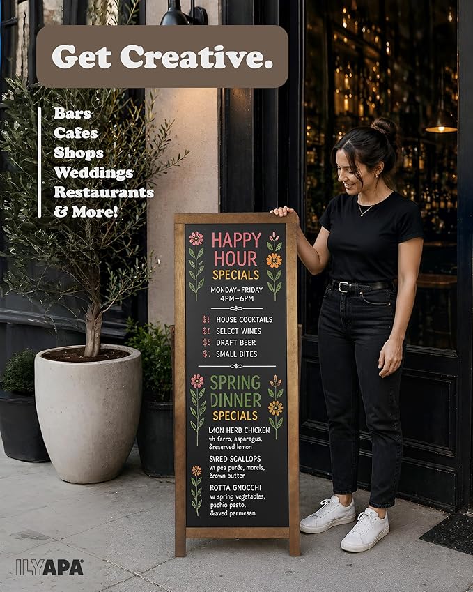 Ilyapa Chalk Board Sign Board 46" x 18" Brown Large Reversible Chalkboard Signs Outdoor Menu Boards for Restaurant, A-Frame Sandwich Sidewalk Signs for Businesses, Food Truck Party or Wedding