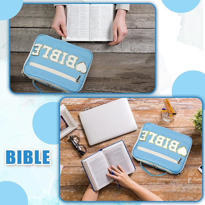 Silkfly Blue Bible Cover Case Preppy Large Chenille Letter Church Bag with Shoulder Strap Handle Back to School Gifts Waterproof Christian Tote Bag for Women Teacher Bible Accessories