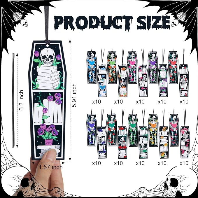 TaoBary 100 Pcs Gothic Skeleton Coffin Bookmarks Spooky Skull Book Marker Bulk Double Sided Halloween Horror Book Tracker with Black Ribbon for Bookworm Reading Lovers Gifts Goodie Bag Fillers