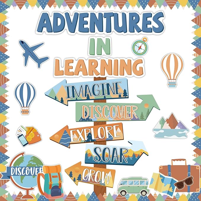 Adventures in Learn Bulletin Board Set Let The Adventure Begin Moving Mountains Classroom Decorations Travel Theme Bulletin Board Let's Explore Voyage Motivational Paper Cutouts for Classroom Decor