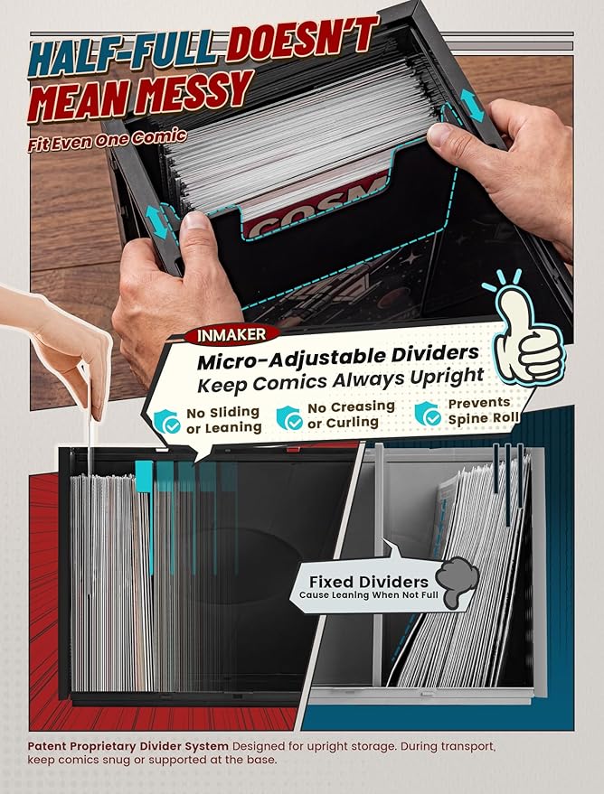INMAKER Comic Book Storage Box, Holds Up to 150 Comics, Acid Free Plastic Book Bin with 2 Adjustable Dividers (Matte Black)