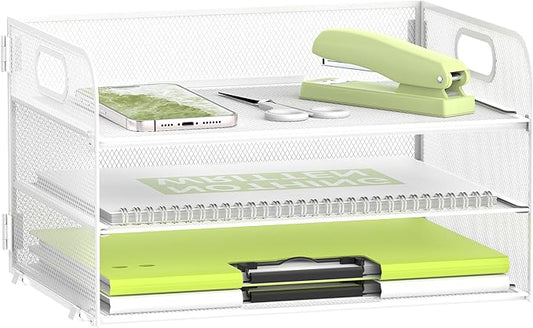 DALTACK 3 Tier Paper Organizer with Handle, Mesh Metal Desk Organizer with Sliding Paper Trays for Letter/A4 Paper, Mail, Bills & Folders, White