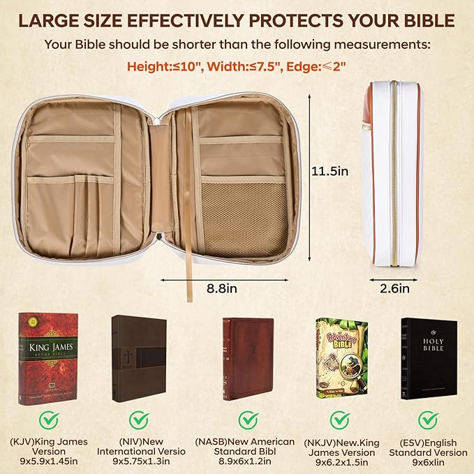 Bible Cover Case for Women - Quilted Large PU Leather Bible Carrying Case, Bible Bag Study Supplies Bible Carrier, Christian Gift for Women and Girl, Grandma Daughter(Brownish White)