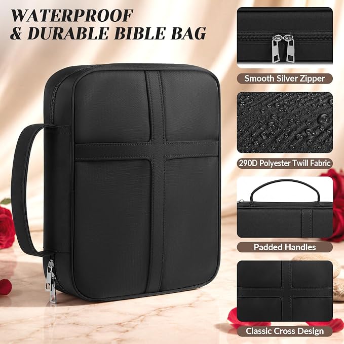 XKDOUS Large Bible Cover, Bible Bag with Handle, Durable Cross Design Bible Case with Bible Accessories, Bible Cover Case for Women and Men, Christian Gift (Black)