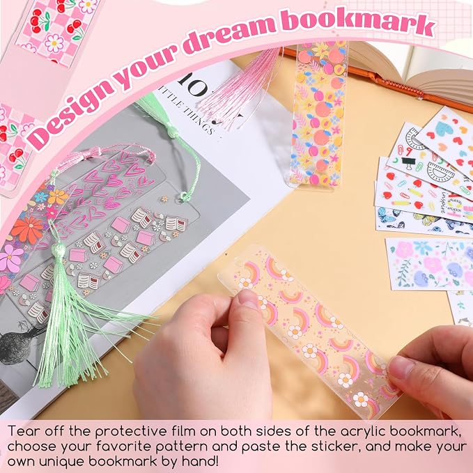 16 Set Acrylic Bookmark Blanks, 16 Sheets UV DTF Stickers 4 Colors Tassels Clear Packing Bags and Pink Bookmark Display Card for Hanging Tag, DIY Crafts, Gift, Bookmarks