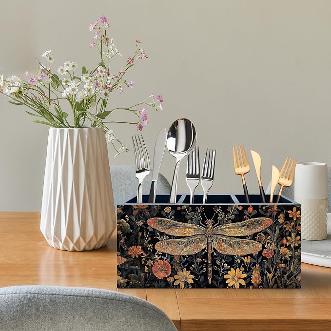Dark Academia Dragonfly Floral Pen Holder, Vintage Moody Office Pen Pencil Holder Organizer for Desk Accessories, Whimsical Insect Wooden Box Desk Decor for Home Office Desk Decorations