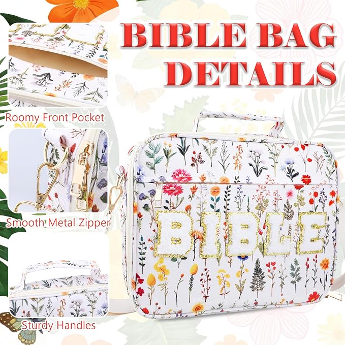 Large Bible Cover Case for Women, 12 x 9 x 2.5 Inch Letter Bible Bag with Shoulder Strap Carrying Bag with Tabs 6 Colored Pens 12 Highlighters, Back to School Study Supplies Christian Church Gifts