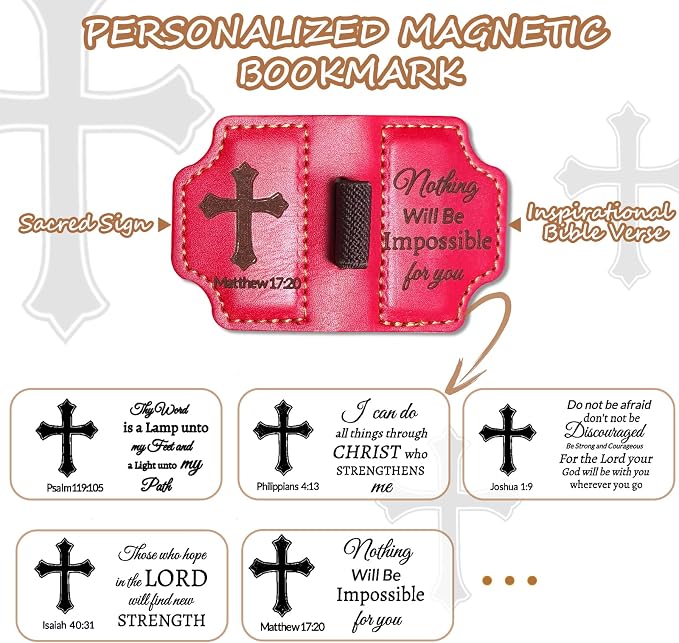 Bygone Mark Personalized Magnetic Leather Bookmark with Pen Holder,Inspirational Bible Verse Religious Bookmarks,Christian Book Lovers Reading Accessory for Men Women (RED, Matthew 17:20)