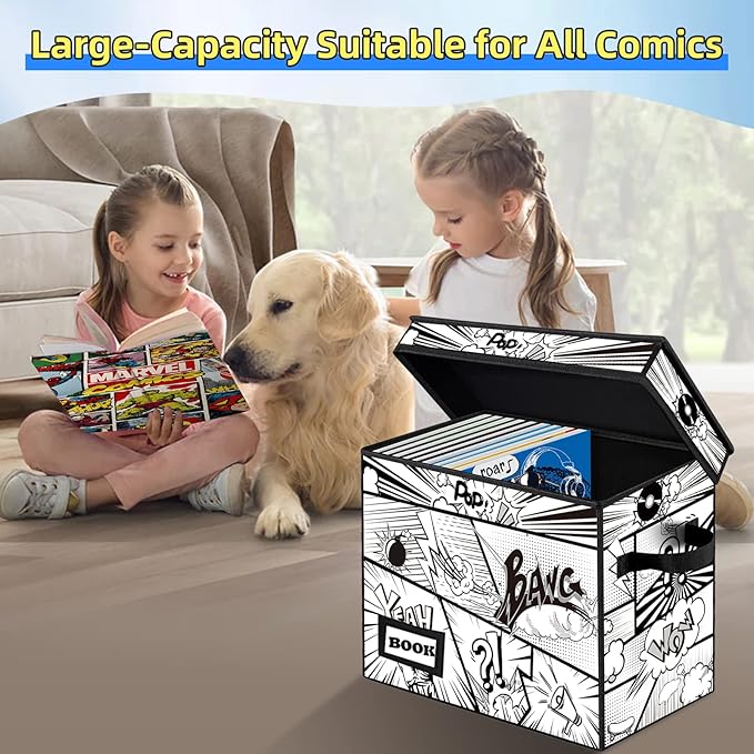 10 Pack Comic Book Storage Box, 15.8" X 7.8" X 11.8", Heavy Duty Collapsible Holds 160-180 Comic Book Bin Container Holder Shelf (Cartoon Bombs)