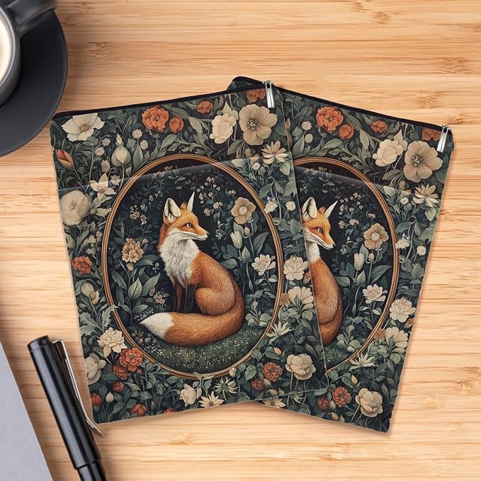 Vintage Flower Fox William Morris Book Sleeve for Book Lovers, Bookish Book Protector with Zipper, Washable Fabric Book Cover for Paperbacks & Hardcovers,11.4 x 9.1Inches (White Flower-Fox, Medium)
