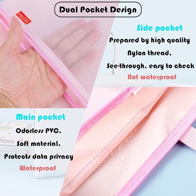 Mesh Zipper Pouch 11x13.7 in, A4 Double Pocket Waterproof File Bag with Handle, Document Storage for School/Travel/Office/Puzzle (Pink, 2pcs)