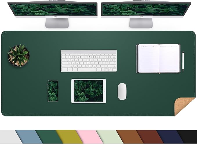 AFIING Leather Desk Pad Protector, Large Desk Mat with Natural Cork & PU Leather, Mouse Pad, Non-Slip, Waterproof Desk Writing Pad for Office and Home (Dark Green)