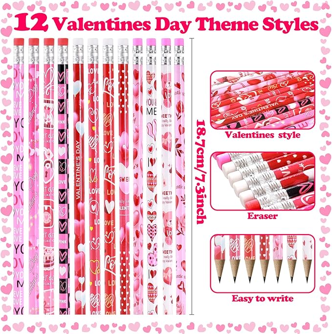 240 Pcs Valentine Pencils Bulk with Erasers, 12 Unique Heart Themed Design for Valentine Goodies Prize Gift Favor Party Supplies
