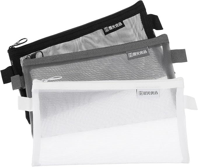 PATIKIL 3Pack Mesh Zipper Pouch Bags, 8.3" x 4.7" Nylon Mesh Pouch Waterproof Cosmetic Bags Pencil Holders Documents Pocket for Travel Accessories Office Supplies, Black/Gray/White