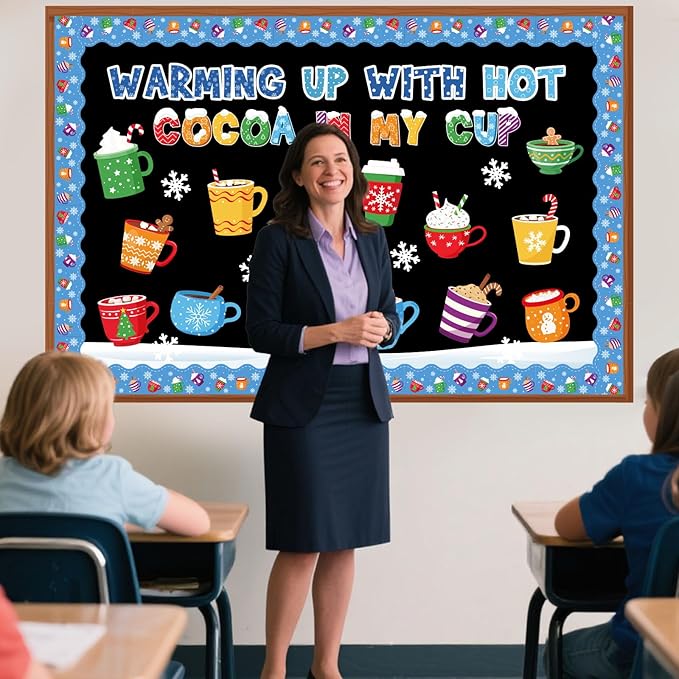 Funrous 52 Pcs Winter Bulletin Board Set Hot Cocoa Classroom Decor Winter Bulletin Boards Warming up with Hot Cocoa Latte Snowflake Cutouts for Christmas Holiday Party School Classroom Home Wall Decor