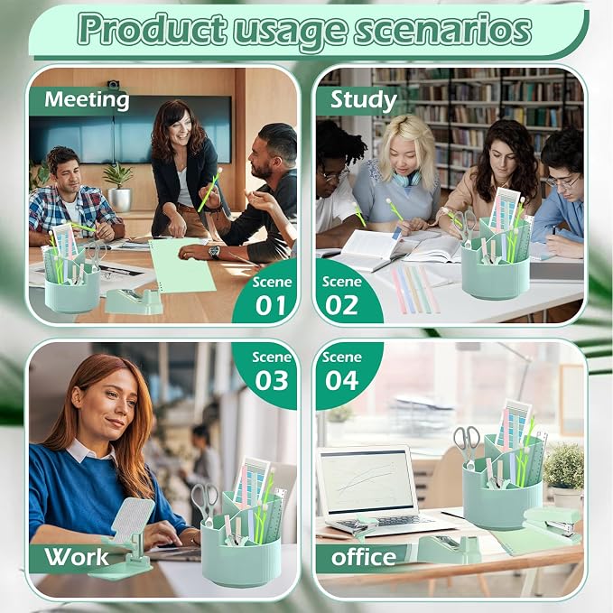 Sage Green Desk Accessories Office Supplies Set, Pen Holder, Stapler, Tape Dispenser, Notebook, Scissor, Sticky Notes, Binder Clips, Desk Organizers (Green)