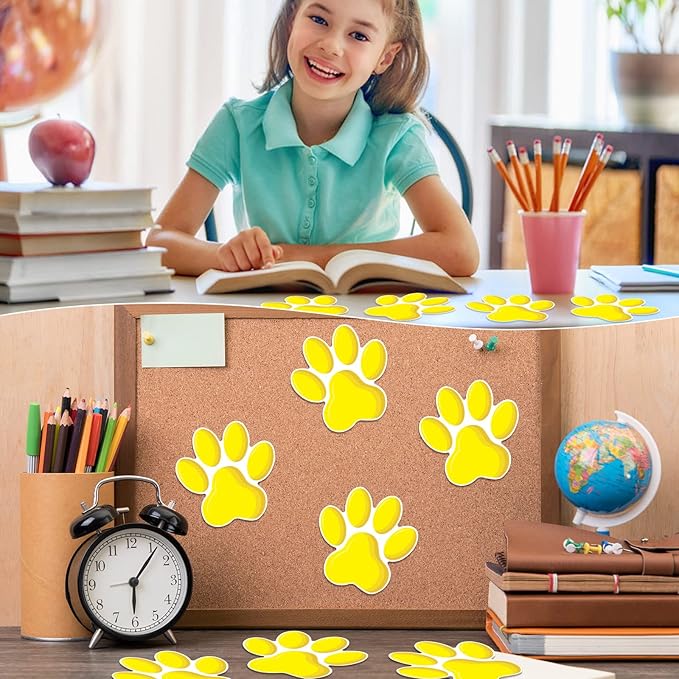 Junkin 60 Pcs Mini Paw Prints Cutouts Accents Bulletin Board Patrol Table Decorations Wall Decal Poster for Kids Educational School Home Party Supplies(Yellow)