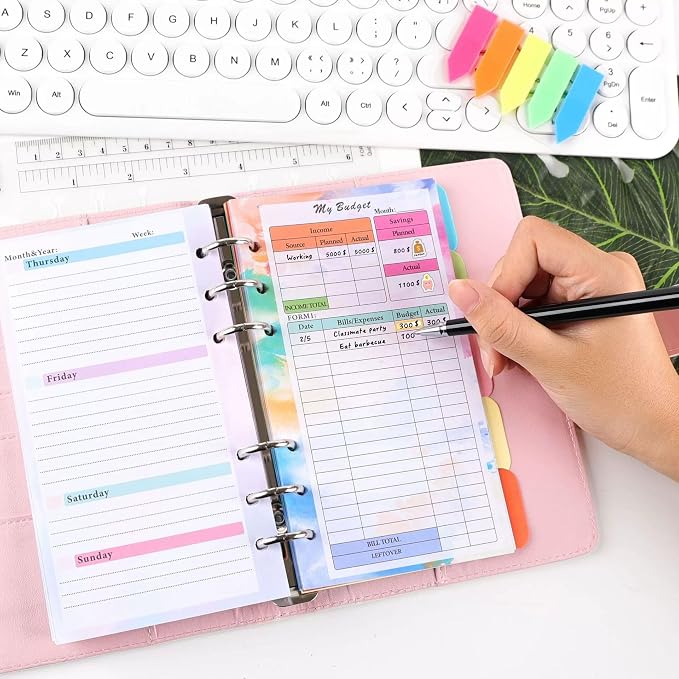 Monthly Weekly Planner Refills Budget Paper Kit for A6 Binder Cover, 6 Ring Planner Accessory for Budget Planner Binder Cover, Money Binder Organizer for Cash (Colorful)