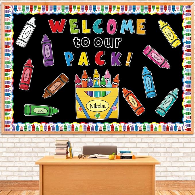 87Pcs Classroom Bulletin Board Decorations Set，Back to School Crayon Themed Classroom Decor Colorful Crayons Name Tags with Border, for School Classroom Door Home Wall Decorations Party Supplies