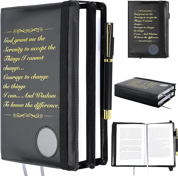Motipuns Double Alcoholics AA Big Book Cover for 12 Steps & 12 Traditions Double AA Book Cover with Medallion Holder Pen Clip Alcoholics Gifts for Serenity Prayer(Black)