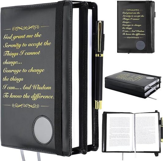 Motipuns Double Alcoholics AA Big Book Cover for 12 Steps & 12 Traditions Double AA Book Cover with Medallion Holder Pen Clip Alcoholics Gifts for Serenity Prayer(Black)