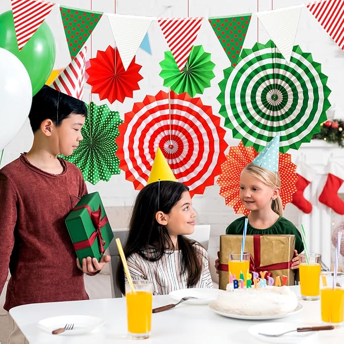 Tenare 8 Pcs Red and White Polka Dot Bulletin Board Border 10.9 Yard 6 Pcs Hanging Paper Fans 3.5 Yard Pennant Banner Flag for Classroom Home School Decor