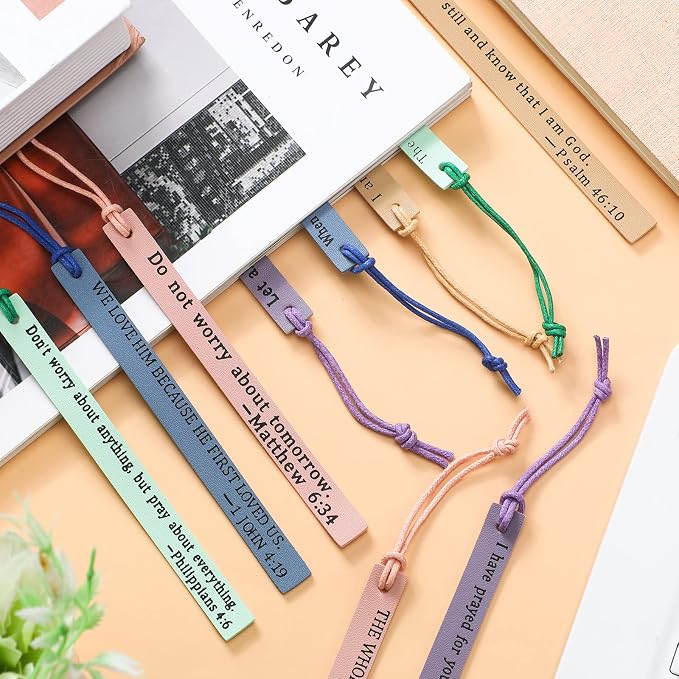 Laumoi 10 Pcs Christian Leather Bookmarks, Handmade Bible Verses Scripture Bookmarks for Women & Men, Religious Christian Gifts for Book Lovers, Church & Book Club Supplies(Elegant, Macaron Color)