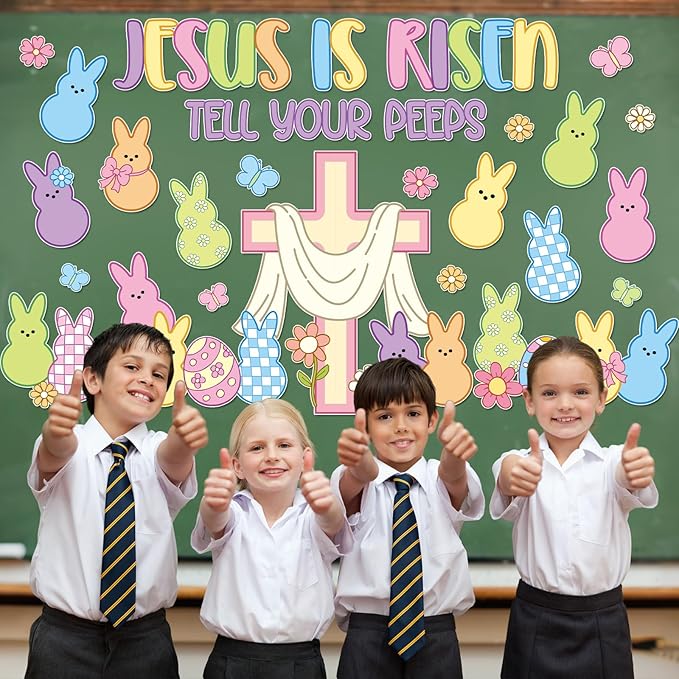 Easter Jesus Bulletin Board Set Easter Egg Bunnies Religion Cross Classroom Decoration Jesus is Risen Bulletin Board Candy Rabbit Flower Spring Cutouts for Sunday School Church Chalkboard Wall Decor
