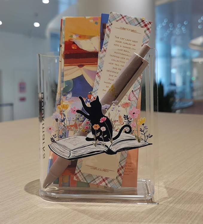 Bookmarks Holders Bookshelf Bookcase Decor, Home Office Desk Organizer, Book Marks Pen Pencil Holder, Friends Book Lover Gifts (Cat)