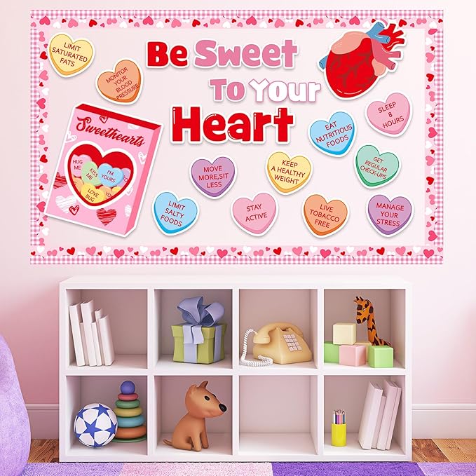 JarThenaAMCS Valentine' s Day Health Habits Bulletin Board Set Conversation Heart Paper Cutouts Be Sweet to Your Heart Classroom Decorations for School Home Wall Door Decor Valentines Party Supplies