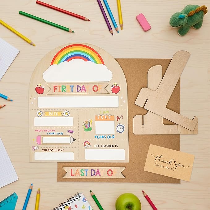 12"x10" Back to School Sign, My First & Last Day of School Board for Kids, Reusable Back to Class Wooden Chalkboard for Preschool, Pre-K, and Kindergarten, Easy to Write & Clean Board