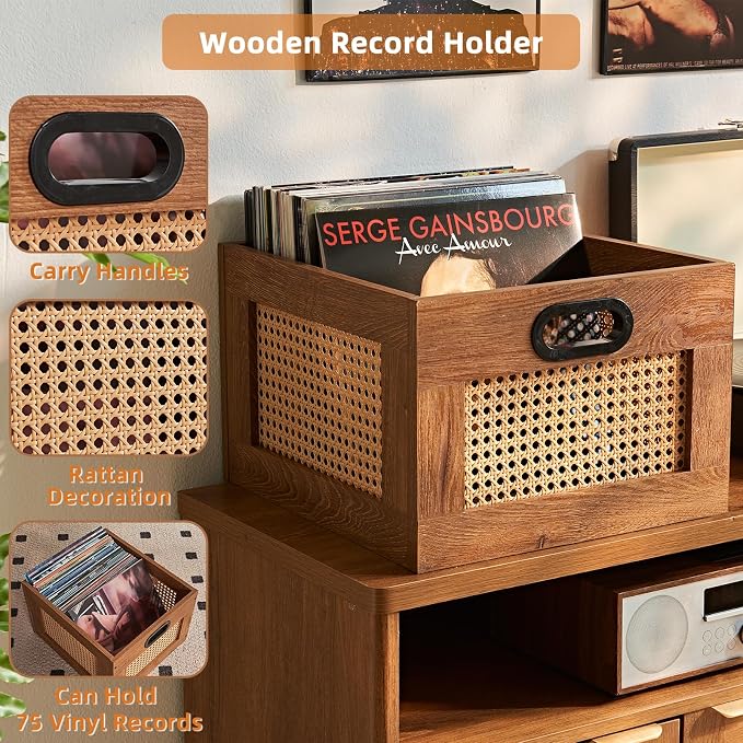 LELELINKY 2 Pack Vinyl Record Storage Crates, Rattan Vinyl Record Holder with Handle, TeaC Record Crate for Vinyls Holder up to 75 LP's, Desktop Cube Album Storage for Vinyls Records