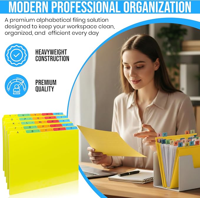 Iconikal A-Z Alphabetical Hanging File Folder Guide Dividers, Heavyweight 5 Color Coded Tabs, Letter Size 1/5 Cut Positions, Heavy Duty Office Organizers 5 Tabs Across