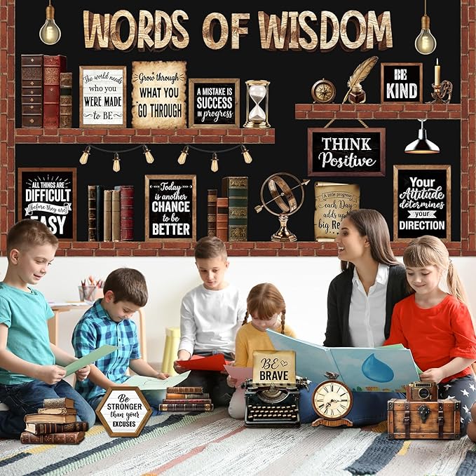 Mooliwe 57 Pcs Industrial Chic Bulletin Board Set Inspirational Rustic Classroom Decoration Farmhouse Bulb Typewriter Brick Cutout for School Office Chalkboard Door Wall Decor