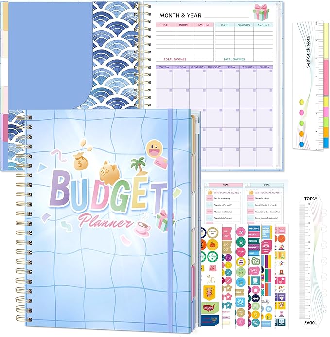 Ospelelf Budget Planner Undated, Money Expense Tracker with Pockets & Stickers, Thick Cardboard Cover, Large Pages for Spacious Writing, Original Fun Colorful Design, 12 Month Financial Notebook, Blue Pool