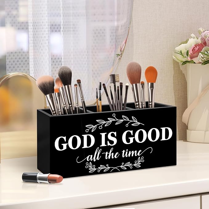 Christian Bible Verse Pen Holder, God Is Good All the Time Christian Office Pen Pencil Holder Organizer for Desk Accessories, Religious Wooden Box Desk Decor for Home Office Desk Decorations