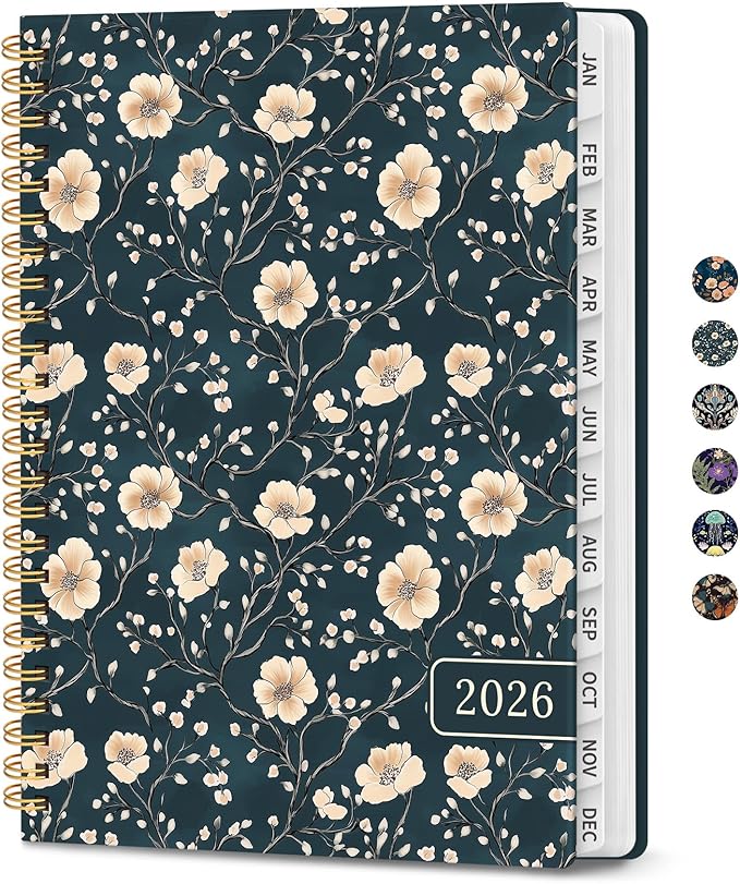 2026 Planner, Weekly and Monthly Planner for Women, Jan 2026 - Dec 2026 Pretty 2026 Calendar Planner with Monthly Tabs, Inner Pocket, Spiral Binding, Perfect for Office Home School - 6.3" x 8.5", Floral Vine