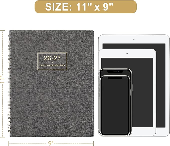 Appointment Book 2026-2027 - Weekly Appointment Planner, Jul 2026 - Jun 2027, Hourly Daily Planner 26-27, 9" x 11", Planners 2026-2027 with 15-Minute Interval, Colorful Tabs, Pocket, Notes, Leather Cover - Grey