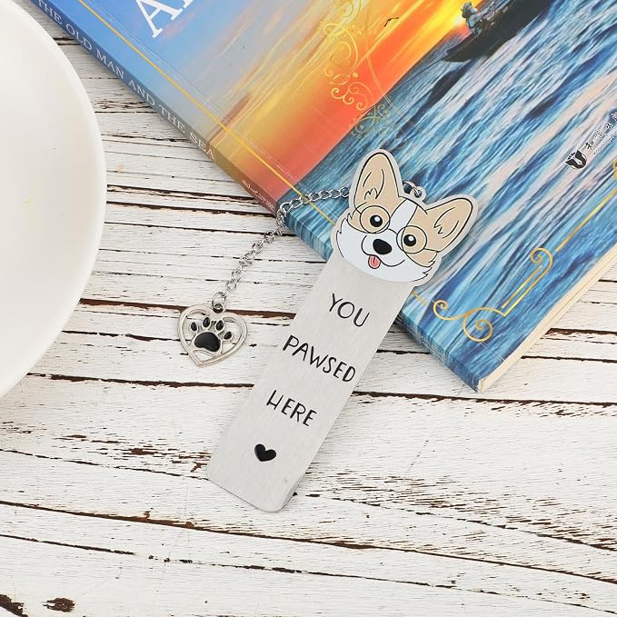 Gosknor Corgi Dog Bookmark, Cute Metal Corgi Bookmark for Women & Men, You Pawsed Here, Stainless Steel, Silver & Black, Style 1