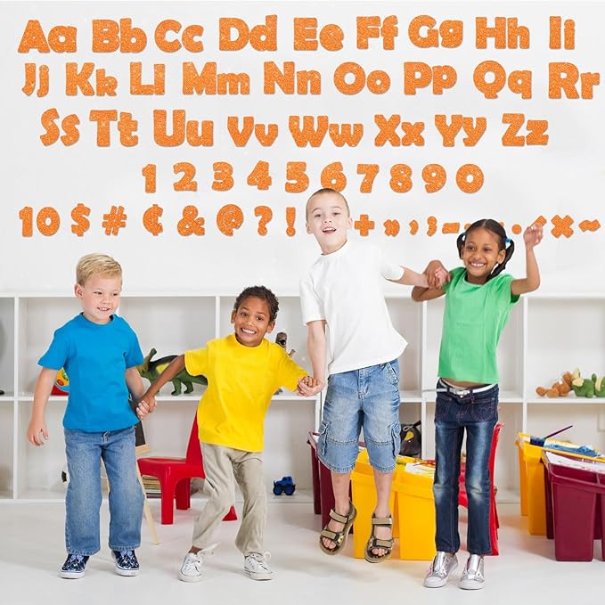 Qyeahkj 260Pcs Glitter Orange Bulletin Board Letters for Classroom 4” Letter Combo Pack Set Numbers Alphabet Poster Board Punctuation Symbol Cutout with Adhesive Dots for School Classroom Wall Decor