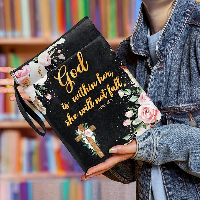 Christian Bible Verse Book Cover, Waterproof Book Sleeve with Zippered Front Pocket Retro Flowers Book Pouch for Book Lovers, Christmas, Birthday, Graduation Gifts (Black-GOD, Large)