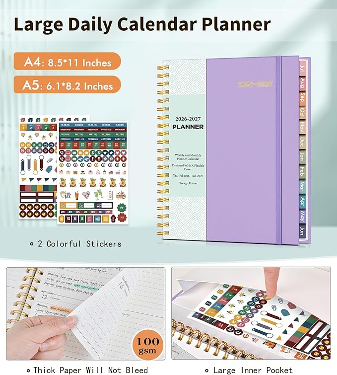 Academic Planner 2026-2027, Weekly and Monthly Calendar Planner from July 2026 - June 2027, 6.1" x 8.2" A5 Large Daily Agenda Book with Tabs, Flexible Cover, College School Organizer for Student Teacher, Purple