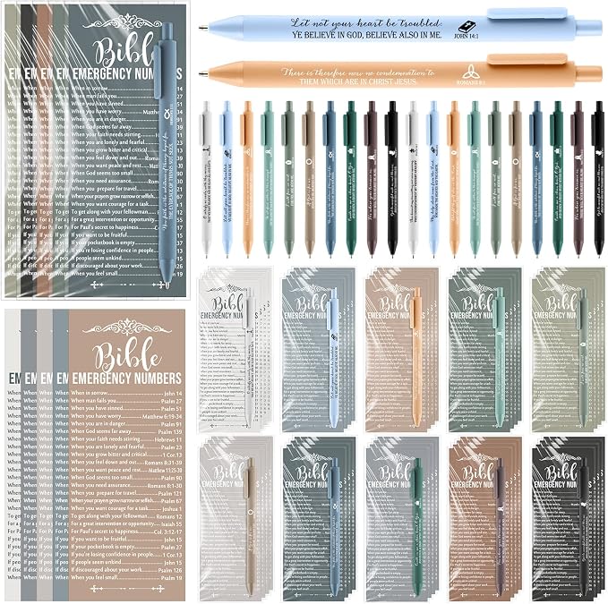 Feifeiya 150 Set Christian Fathers Day Church Gifts Bulk Pentecost Pastor Clergy Religious Pens Bible Verse Party Favor Emergency Number Bookmark Card for Sunday School Pastor(Boho,Christian)