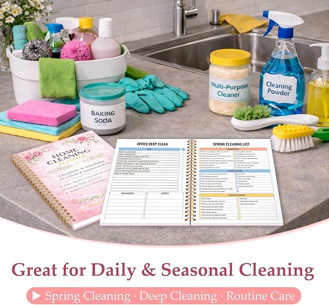 Home Cleaning Planner & Checklist Book for Women Adults – Daily, Weekly & Monthly Cleaning Schedule and Checklist, Housekeeping Organizer with Cleaning Lists, Spiral Bound Cleaning Book Planner