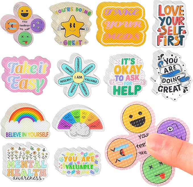 Sabary 120 Pcs Mental Health Awareness Anxiety Sensory Stickers Bulk Sensory Strips Anxiety Calm Textured Strip Stickers with Inspirational Quotes Different Styles for Adults Relief (Cartoon,Colorful)