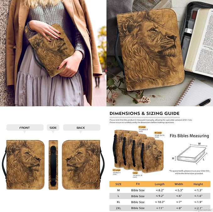 Lotusorchid Lion Print Church Bible Bag for Men, PU Leather Protective Bible Tote Bag Bible Cover Bags with 2 Bookmark, Bible Book Covers for Bible Carrying Organizer Bag, Brown, Size 2XL