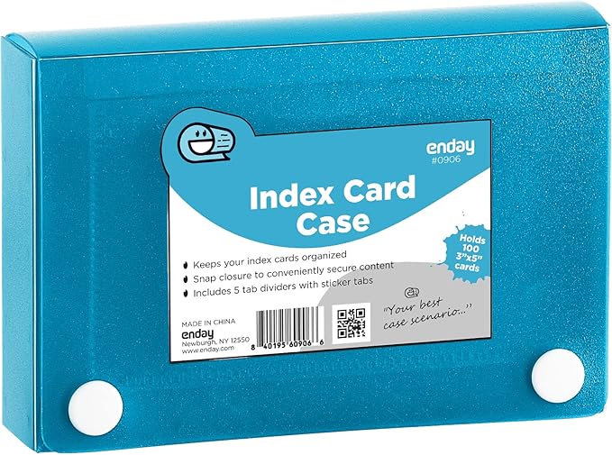 Index Card Holder Blue, 3x5 Note Flash Card Organizer Case, File Box with 5 Dividers, Notecard Box Holds 100 Cards, Also Available in Red, Purple, Green, Pink, Grey, 1 Pack – By Enday